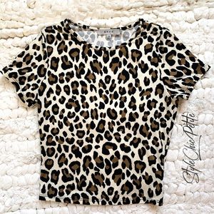 GAZE Leopard Print Crop Baby Tee Top Cream XS